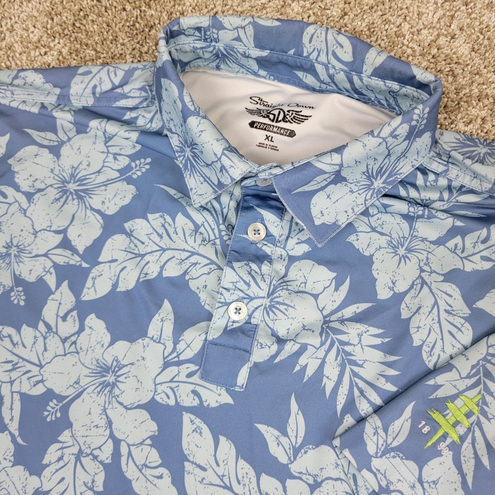 Straight Down Mens XL Blue AOP Floral Performance Stretch Golf Polo Short Sleeve